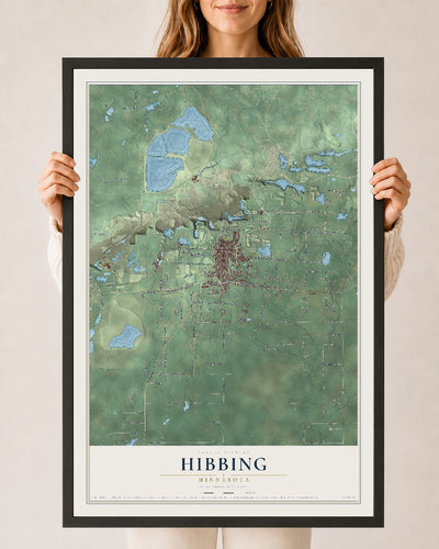 Map of Hibbing, Minnesota, 24 x 36 inch print in a black wood frame