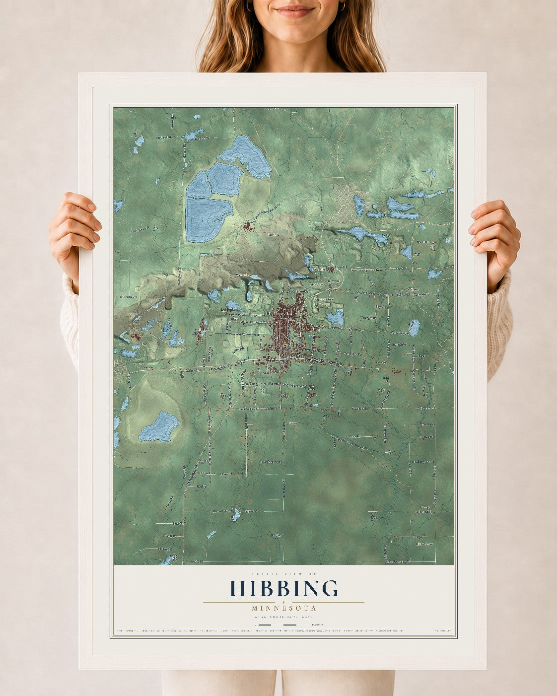 Map of Hibbing, Minnesota, 24 x 36 inch print in a white wood frame