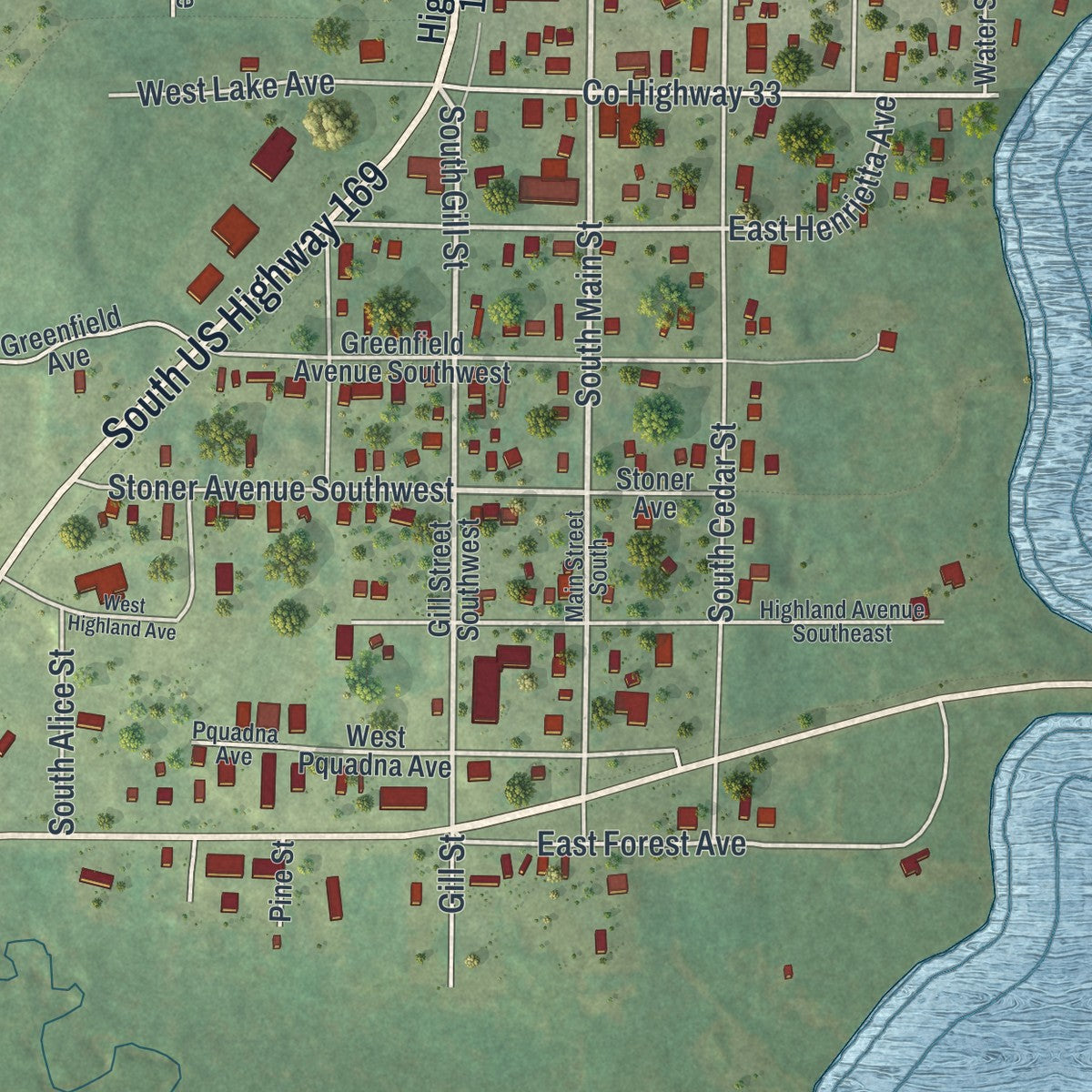 Close-up of the map of Hill City, Minnesota print showing street and building detail