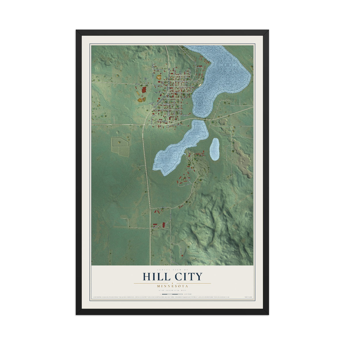 Map of Hill City, Minnesota, 12 x 18 inch print in a black wood frame