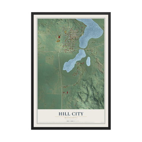 Map of Hill City, Minnesota, 12 x 18 inch print in a black wood frame