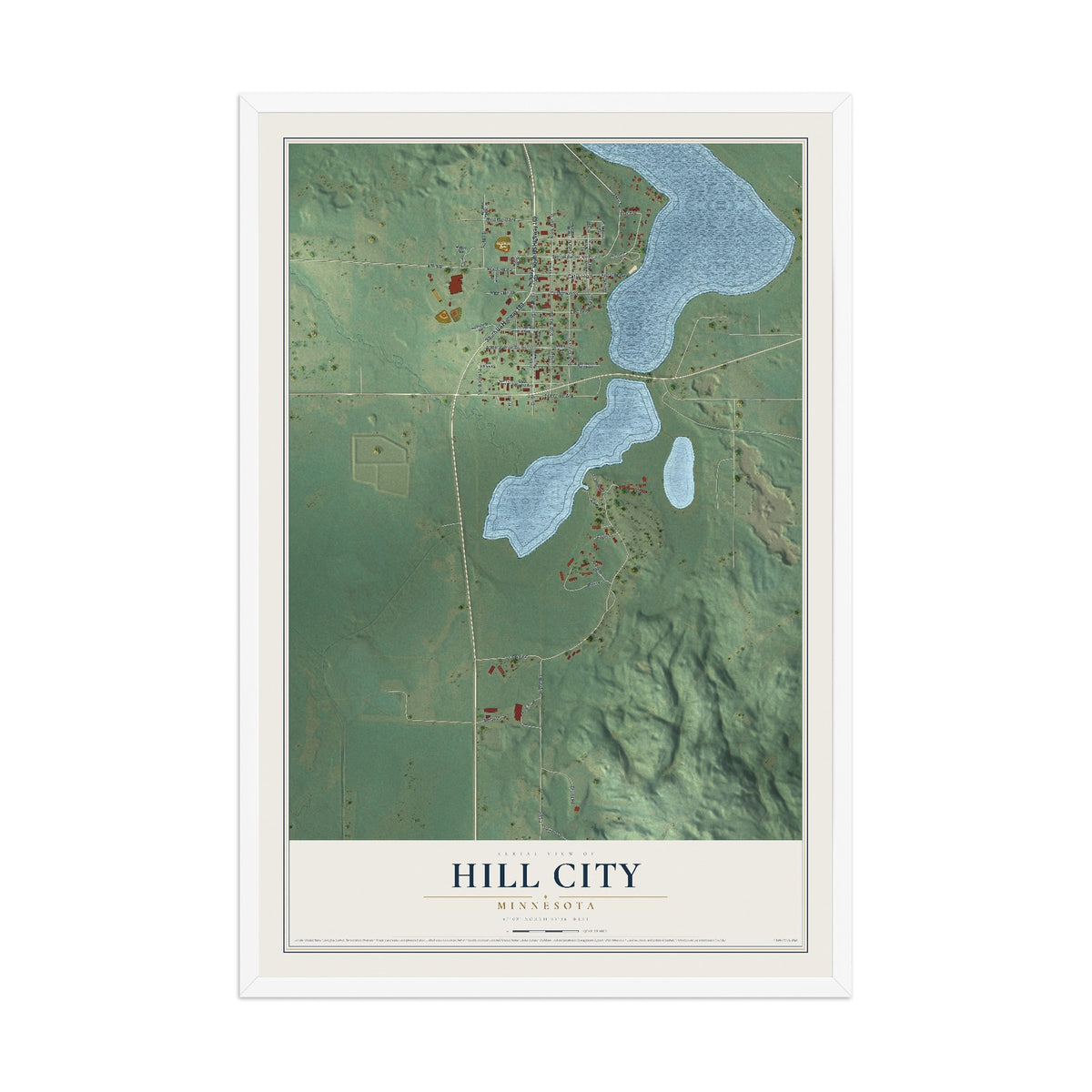 Map of Hill City, Minnesota, 12 x 18 inch print in a white wood frame