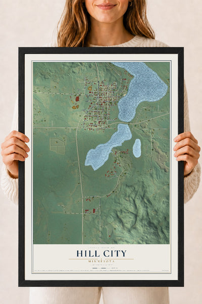 Map of Hill City, Minnesota, 18 x 24 inch print in a black wood frame