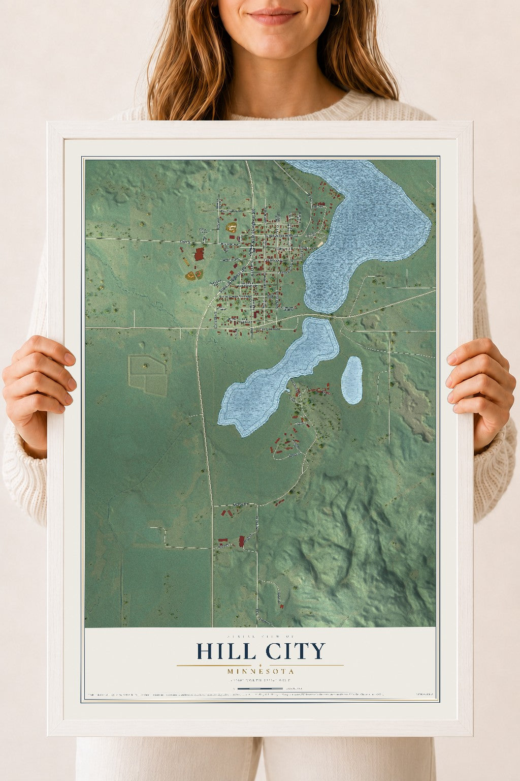 Map of Hill City, Minnesota, 18 x 24 inch print in a white wood frame
