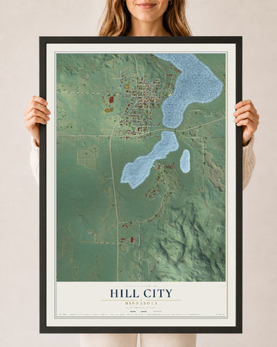 Map of Hill City, Minnesota, 24 x 36 inch print in a black wood frame