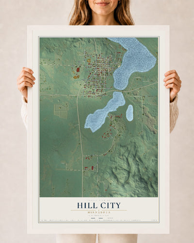 Map of Hill City, Minnesota, 24 x 36 inch print in a white wood frame