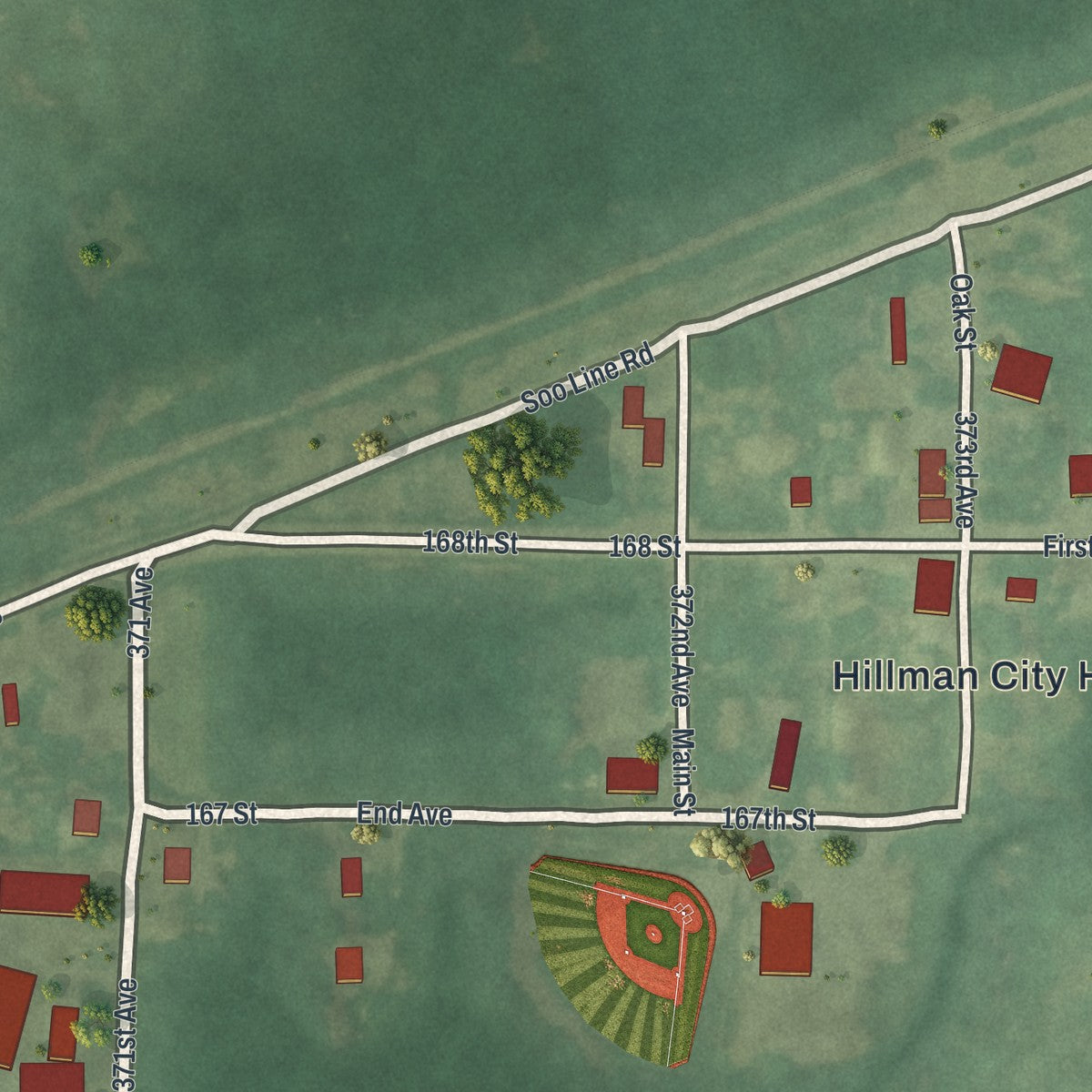 Close-up of the map of Hillman, Minnesota print showing street and building detail