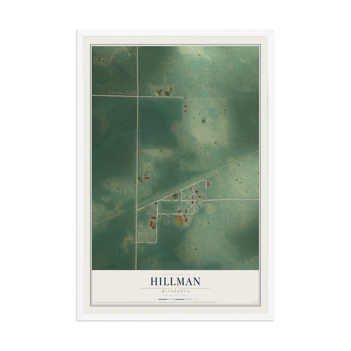 Map of Hillman, Minnesota, 12 x 18 inch print in a white wood frame