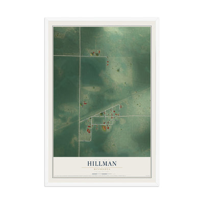 Map of Hillman, Minnesota, 12 x 18 inch print in a white wood frame