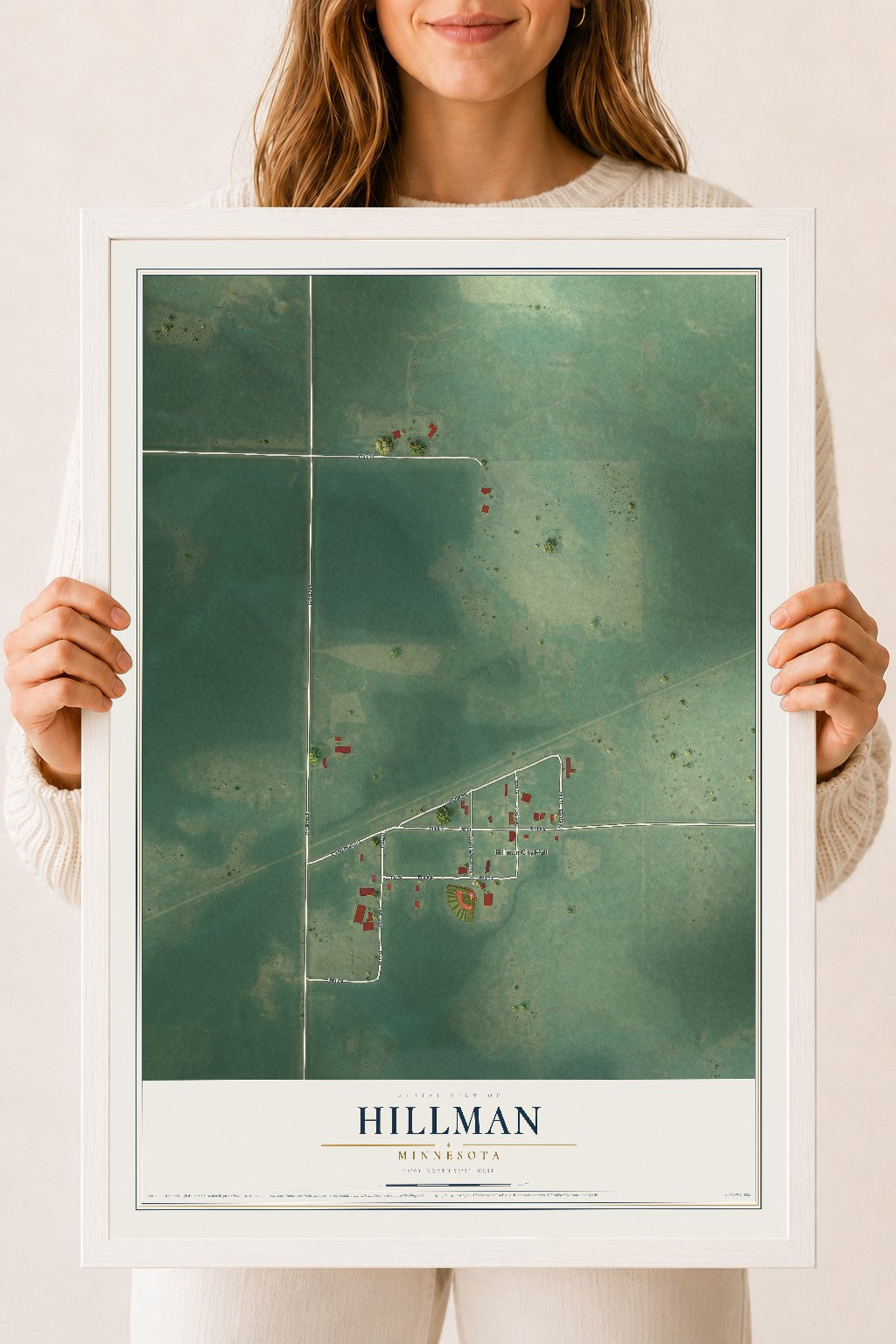 Map of Hillman, Minnesota, 18 x 24 inch print in a white wood frame