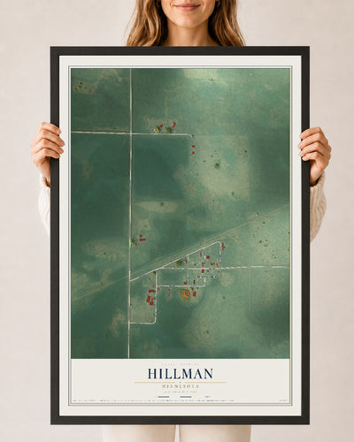 Map of Hillman, Minnesota, 24 x 36 inch print in a black wood frame