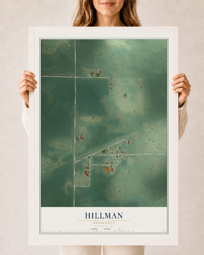 Map of Hillman, Minnesota, 24 x 36 inch print in a white wood frame