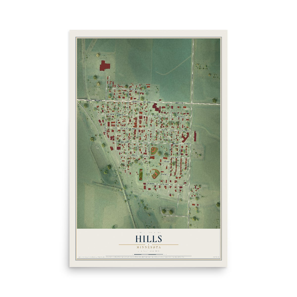 Map of Hills, Minnesota, 12 x 18 inch unframed archival matte print