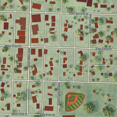Close-up of the map of Hills, Minnesota print showing street and building detail