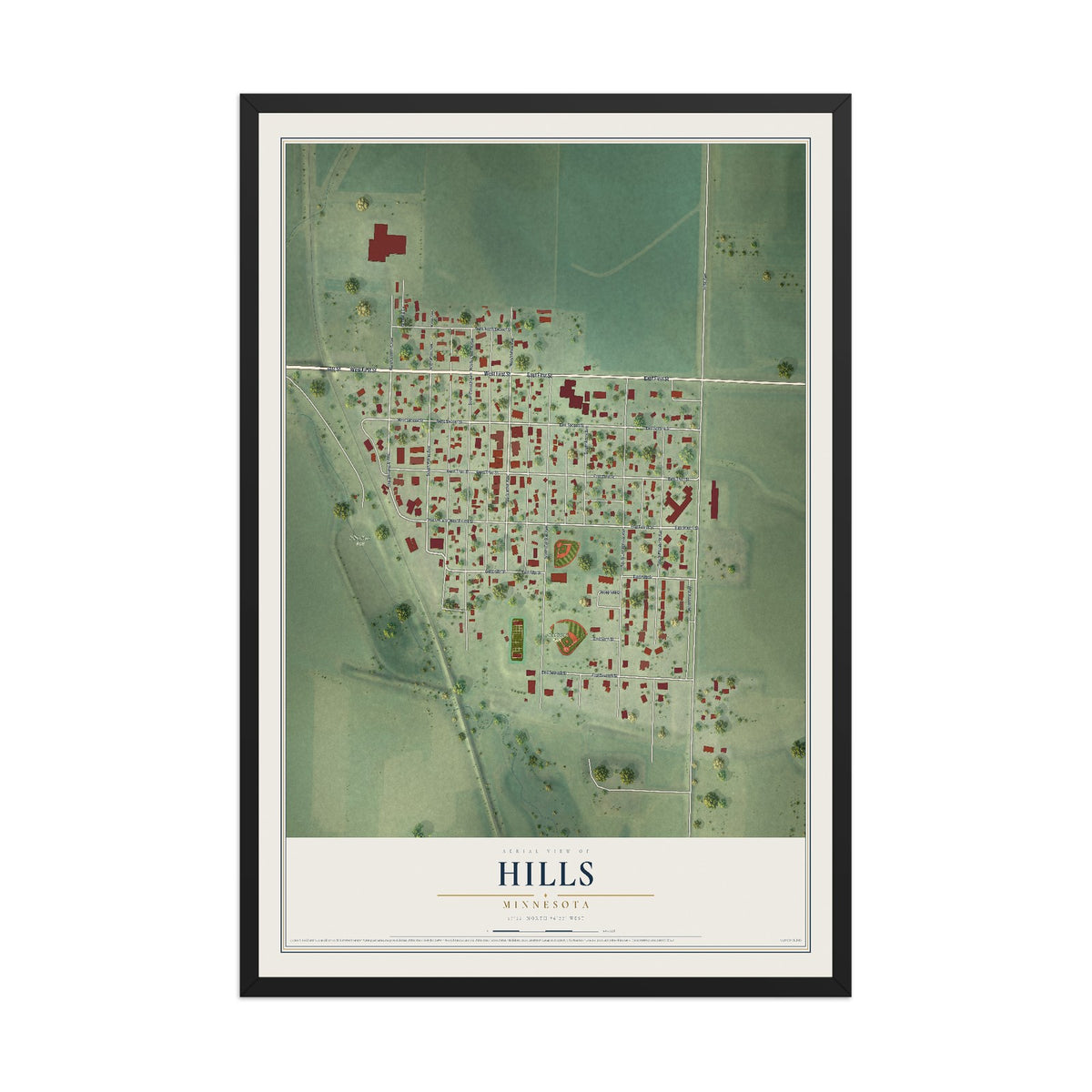 Map of Hills, Minnesota, 12 x 18 inch print in a black wood frame