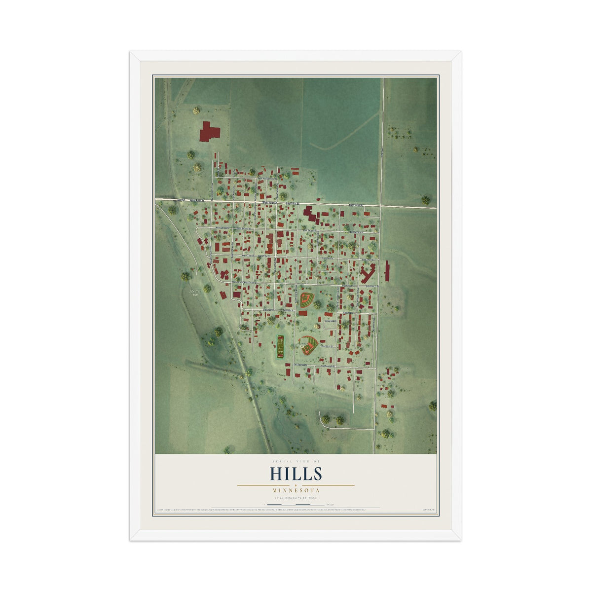 Map of Hills, Minnesota, 12 x 18 inch print in a white wood frame