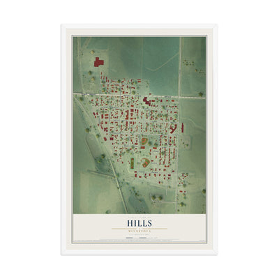 Map of Hills, Minnesota, 12 x 18 inch print in a white wood frame
