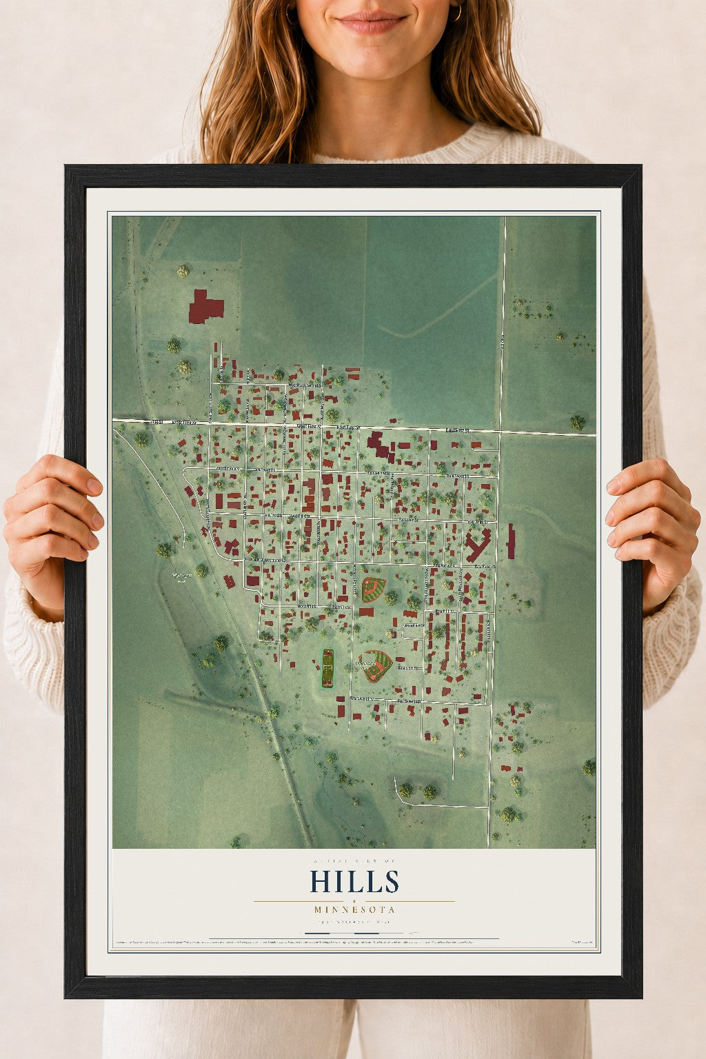 Map of Hills, Minnesota, 18 x 24 inch print in a black wood frame