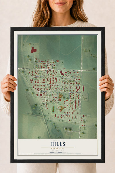 Map of Hills, Minnesota, 18 x 24 inch print in a black wood frame