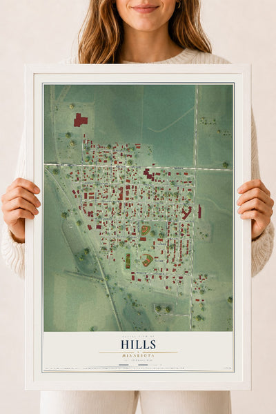 Map of Hills, Minnesota, 18 x 24 inch print in a white wood frame