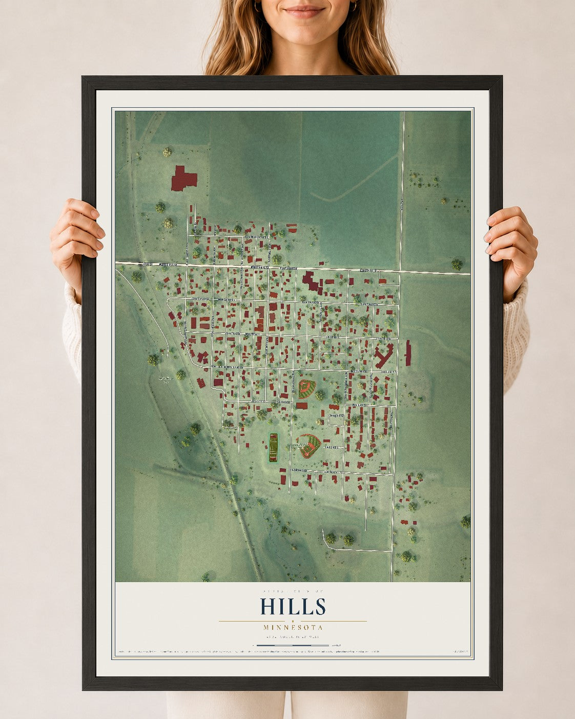 Map of Hills, Minnesota, 24 x 36 inch print in a black wood frame