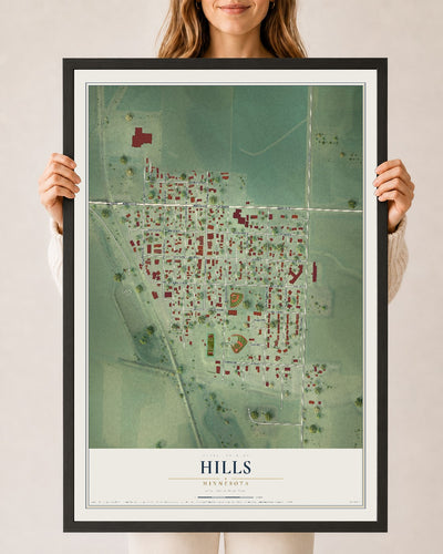 Map of Hills, Minnesota, 24 x 36 inch print in a black wood frame