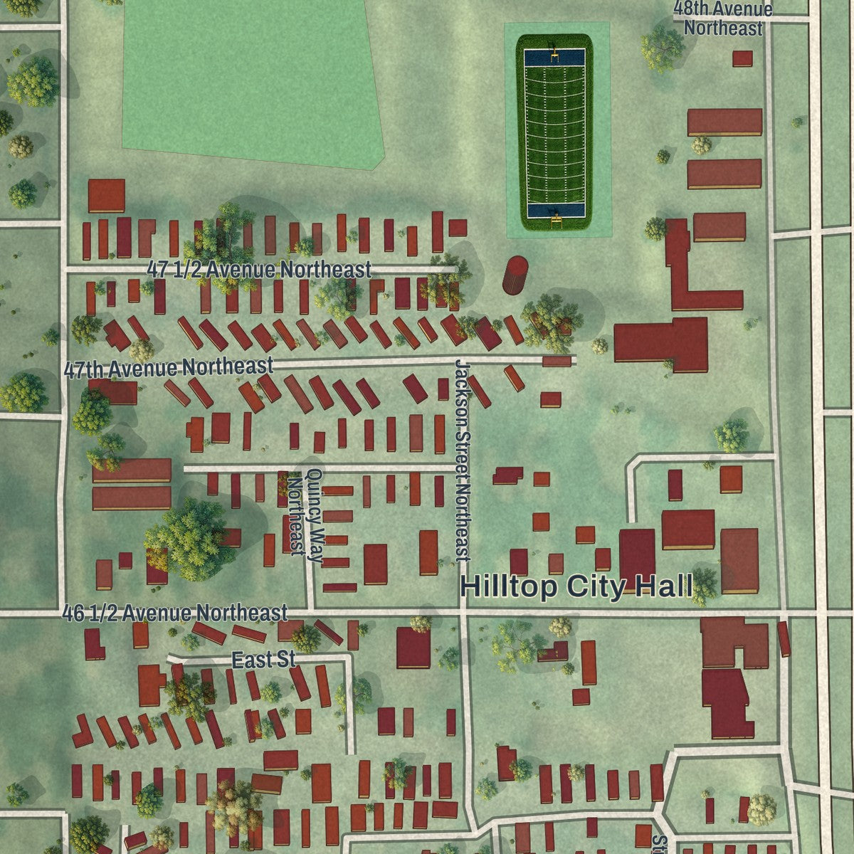 Close-up of the map of Hilltop, Minnesota print showing street and building detail
