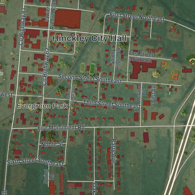 Close-up of the map of Hinckley, Minnesota print showing street and building detail