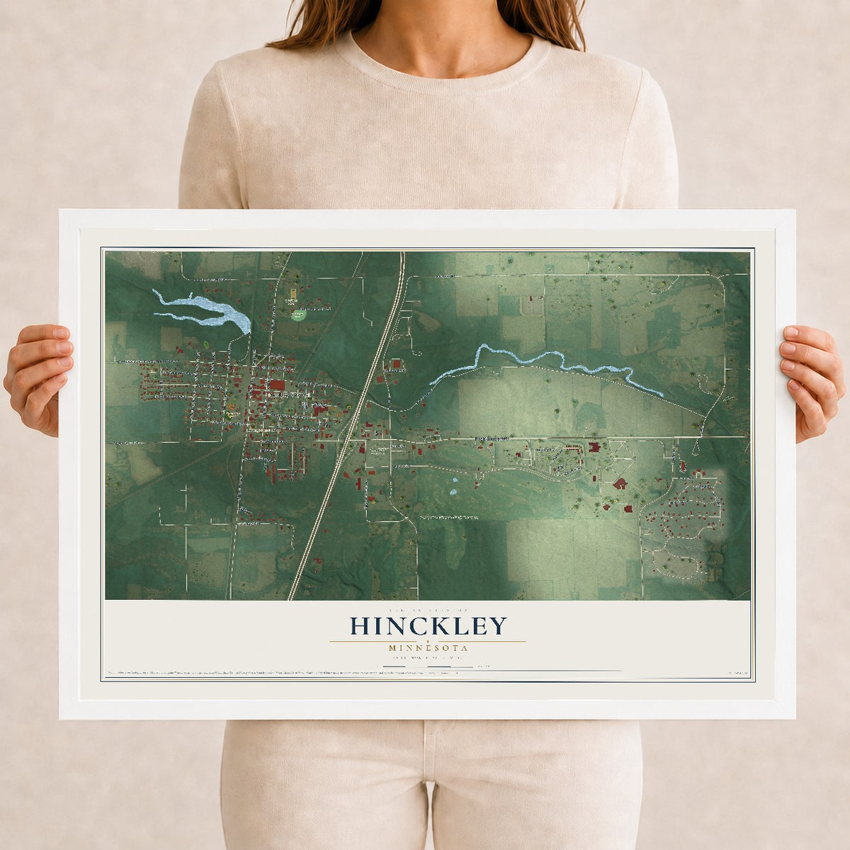 Map of Hinckley, Minnesota, 12 x 18 inch print in a white wood frame