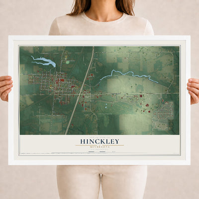 Map of Hinckley, Minnesota, 18 x 24 inch print in a white wood frame