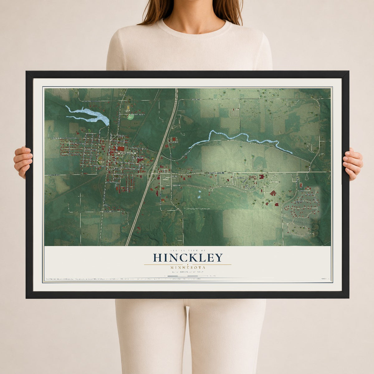 Map of Hinckley, Minnesota, 24 x 36 inch print in a black wood frame