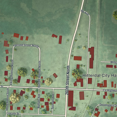 Close-up of the map of Hitterdal, Minnesota print showing street and building detail