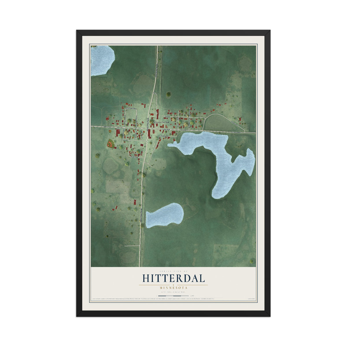 Map of Hitterdal, Minnesota, 12 x 18 inch print in a black wood frame