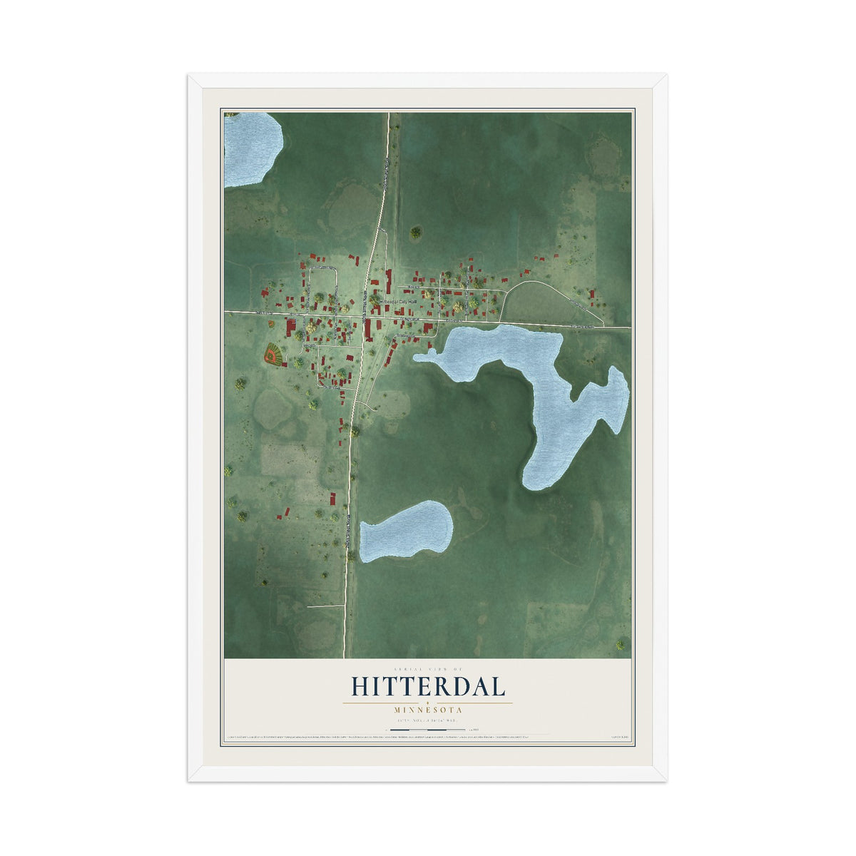 Map of Hitterdal, Minnesota, 12 x 18 inch print in a white wood frame