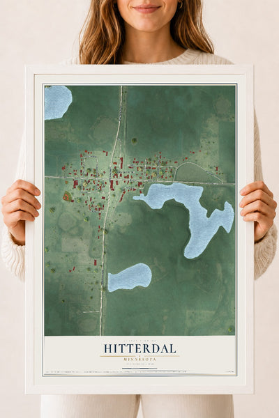 Map of Hitterdal, Minnesota, 18 x 24 inch print in a white wood frame