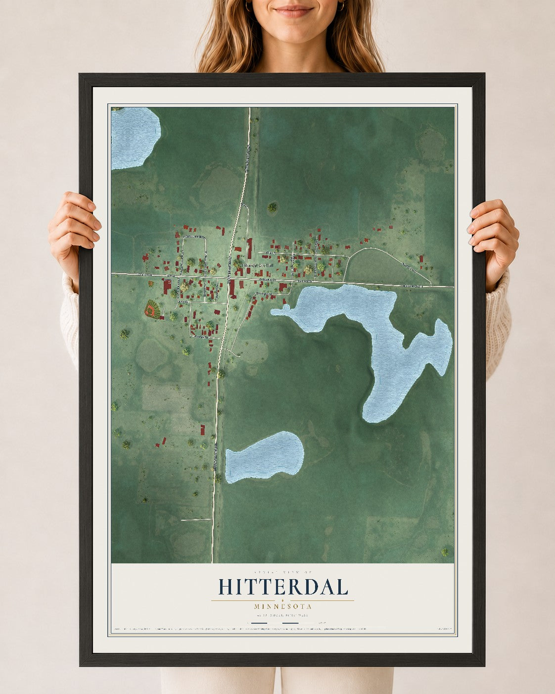 Map of Hitterdal, Minnesota, 24 x 36 inch print in a black wood frame