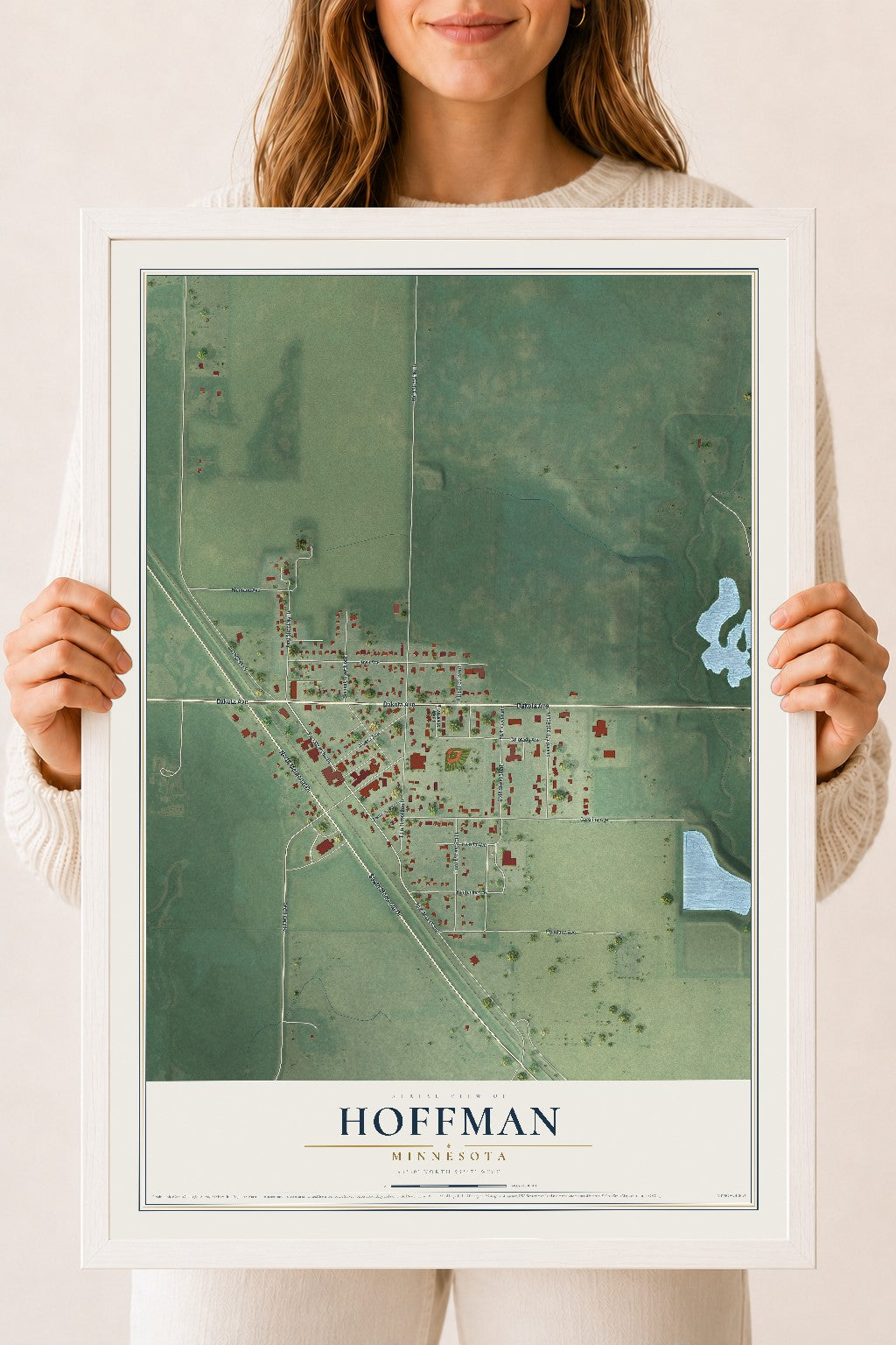 Map of Hoffman, Minnesota, 18 x 24 inch print in a white wood frame