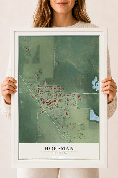 Map of Hoffman, Minnesota, 18 x 24 inch print in a white wood frame