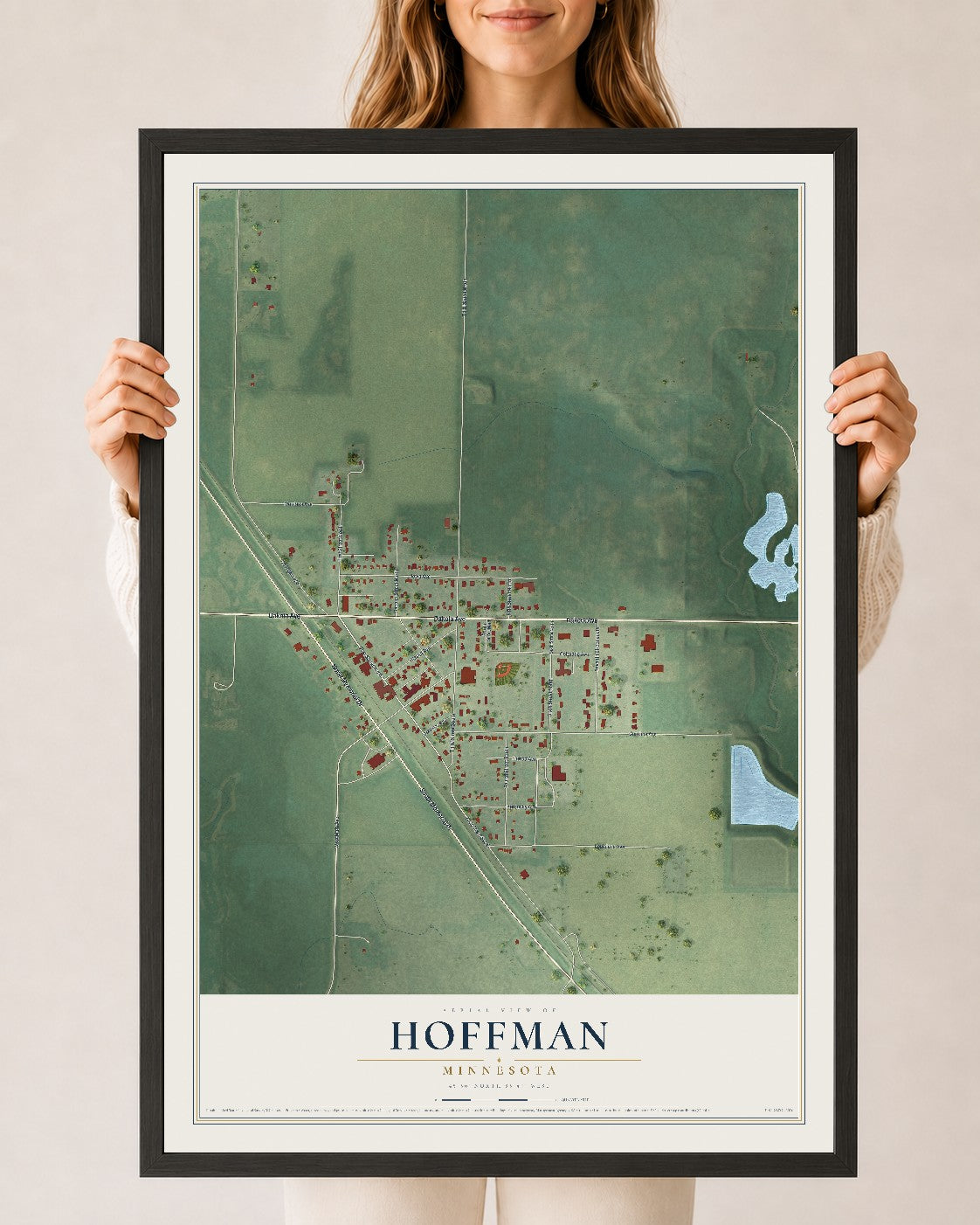 Map of Hoffman, Minnesota, 24 x 36 inch print in a black wood frame