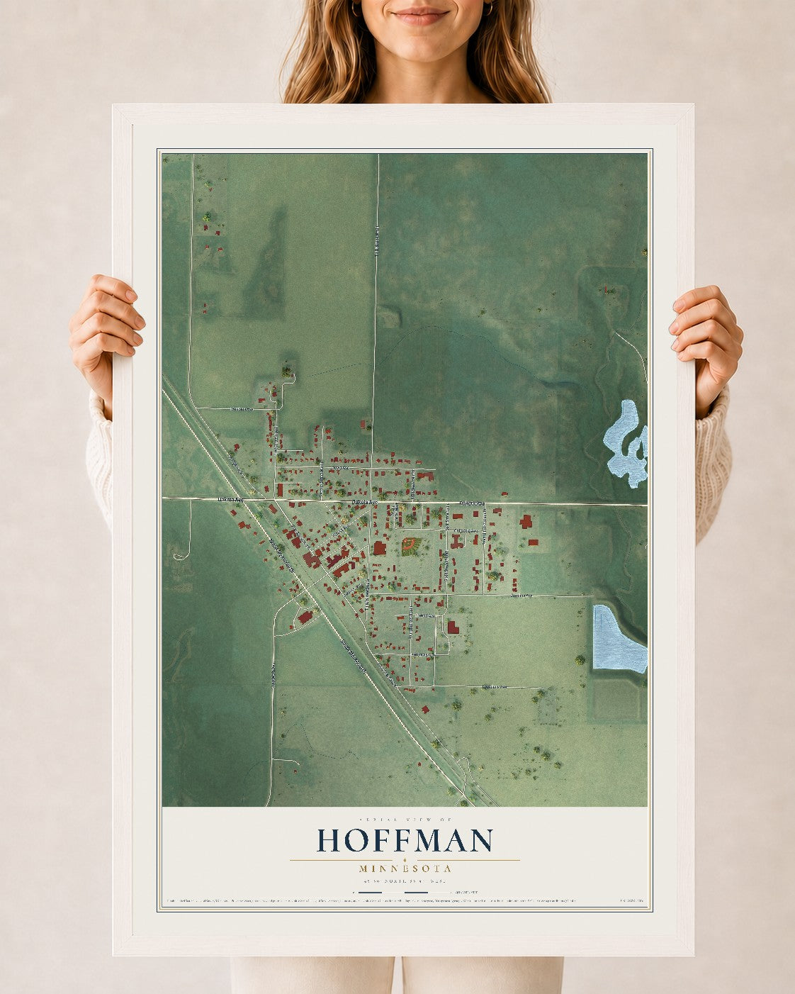 Map of Hoffman, Minnesota, 24 x 36 inch print in a white wood frame