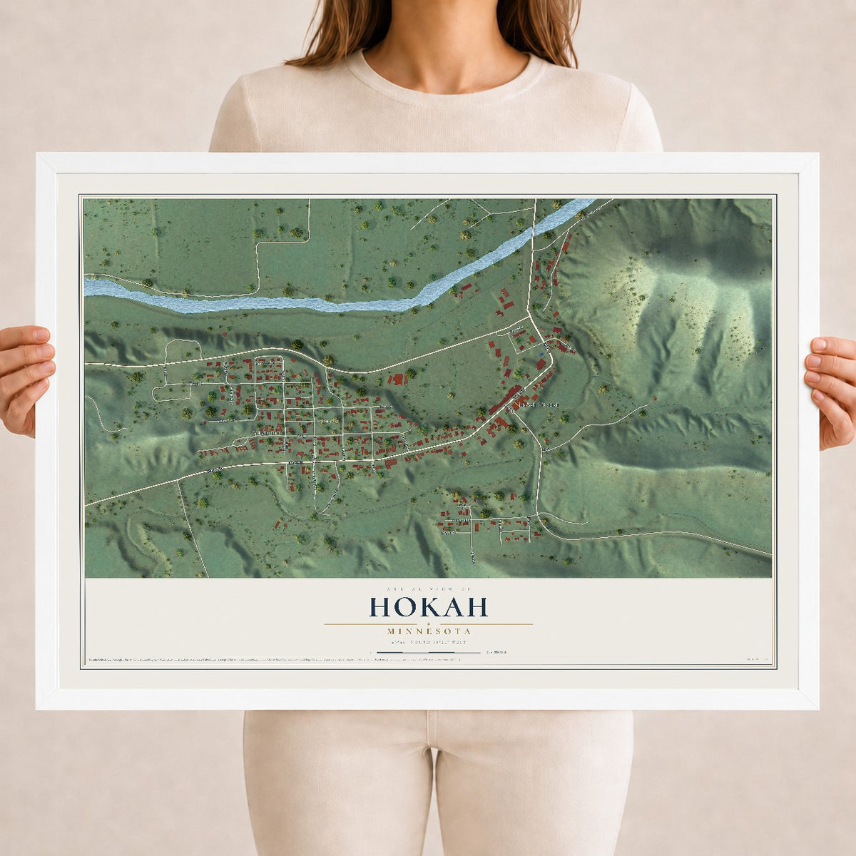 Map of Hokah, Minnesota, 18 x 24 inch print in a white wood frame