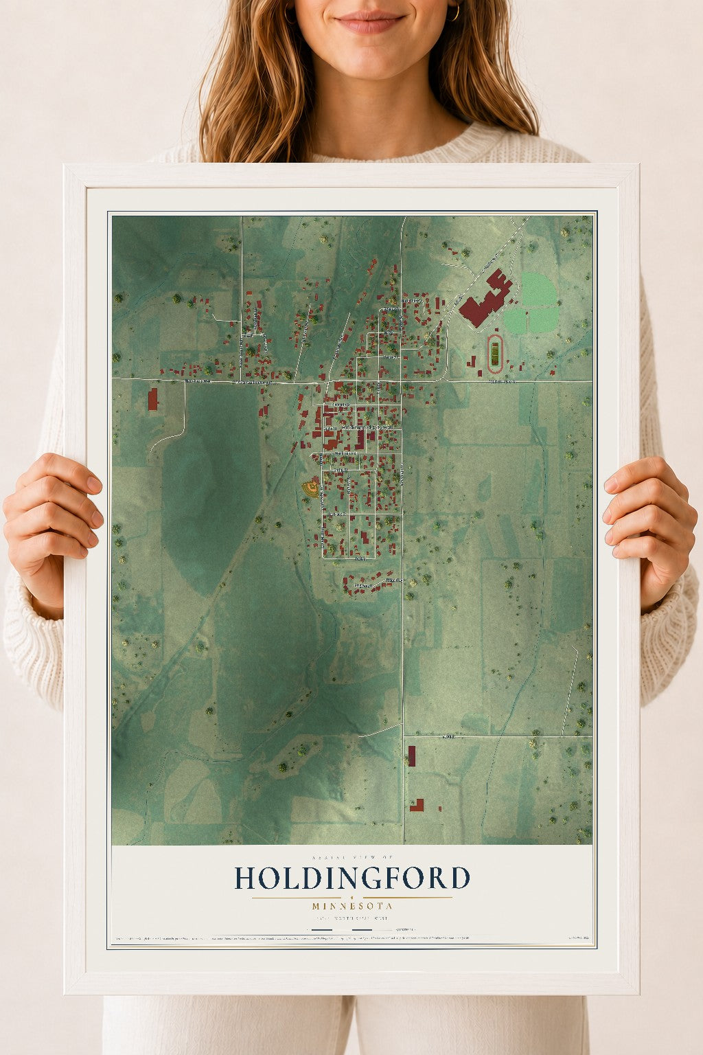 Map of Holdingford, Minnesota, 18 x 24 inch print in a white wood frame