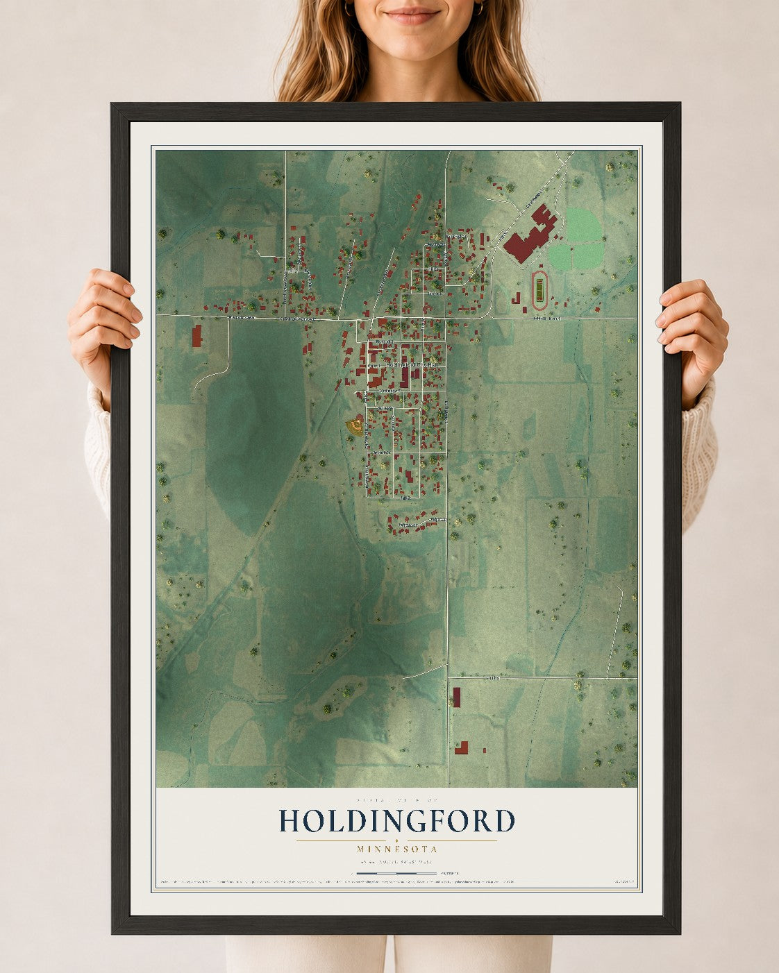 Map of Holdingford, Minnesota, 24 x 36 inch print in a black wood frame