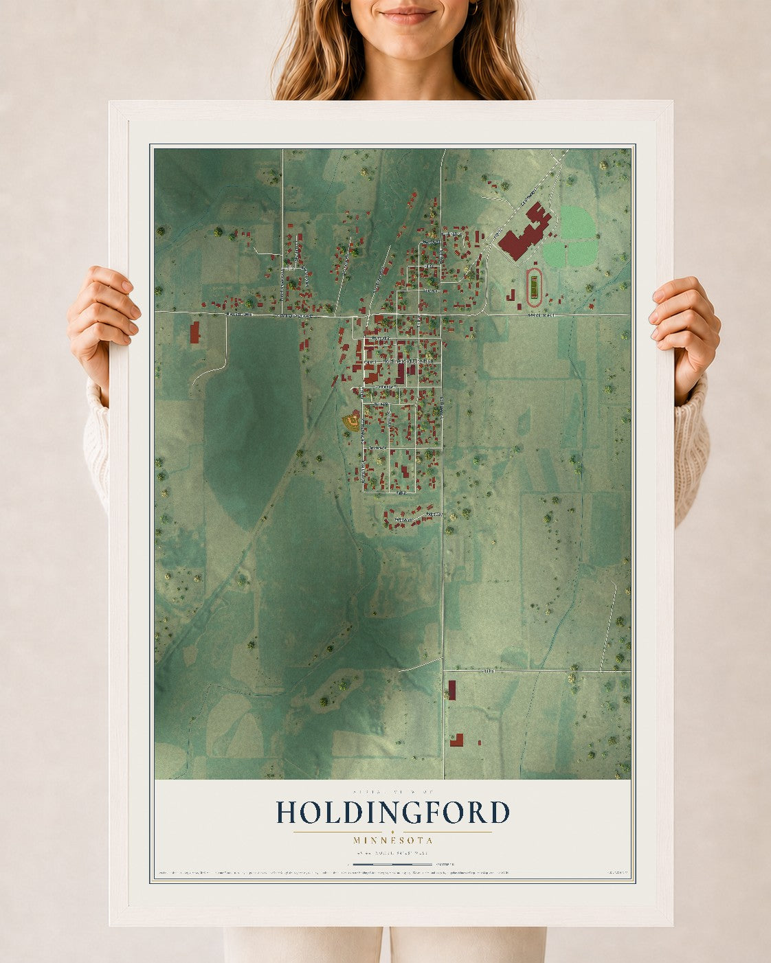 Map of Holdingford, Minnesota, 24 x 36 inch print in a white wood frame