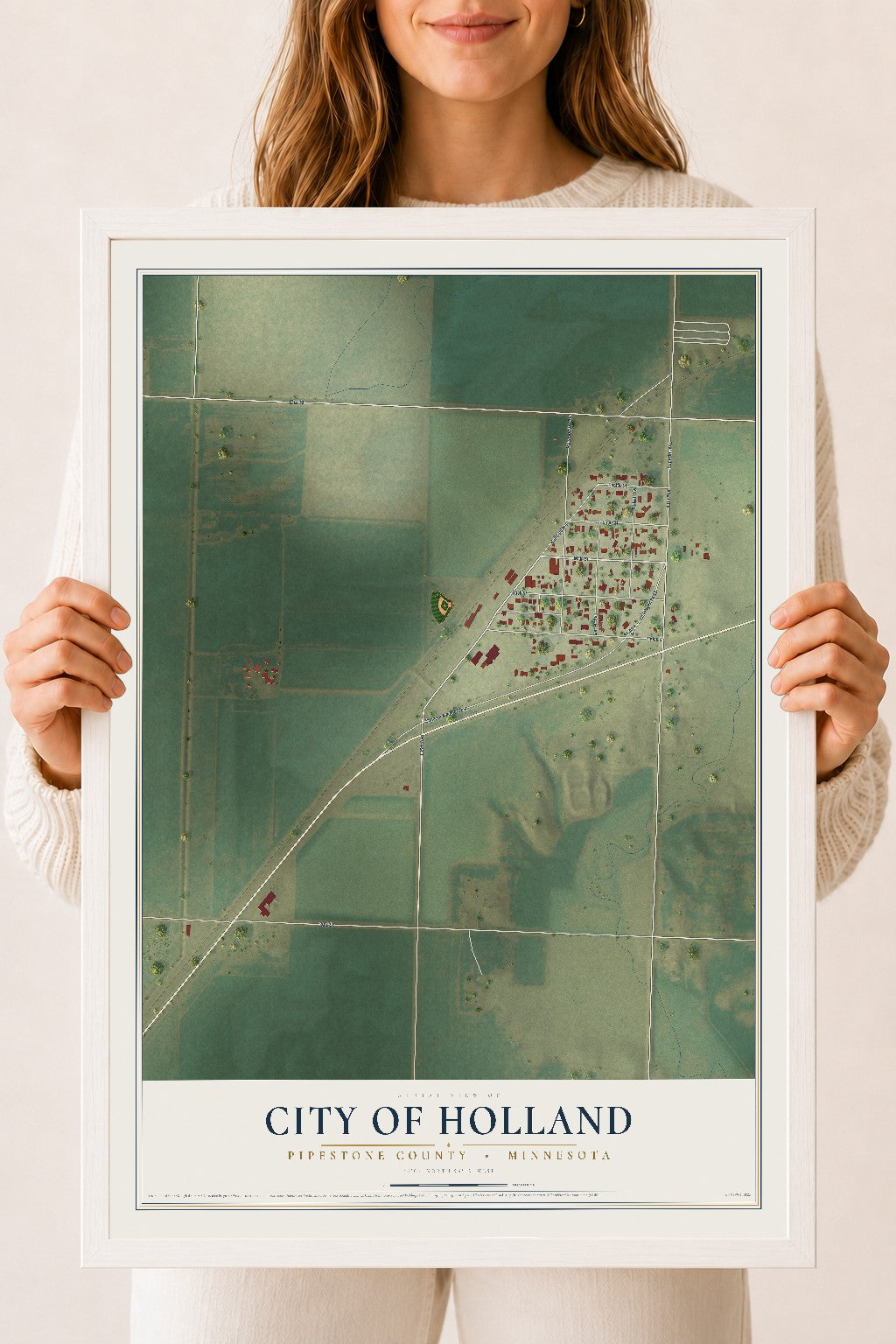 Map of Holland, Minnesota, 18 x 24 inch print in a white wood frame