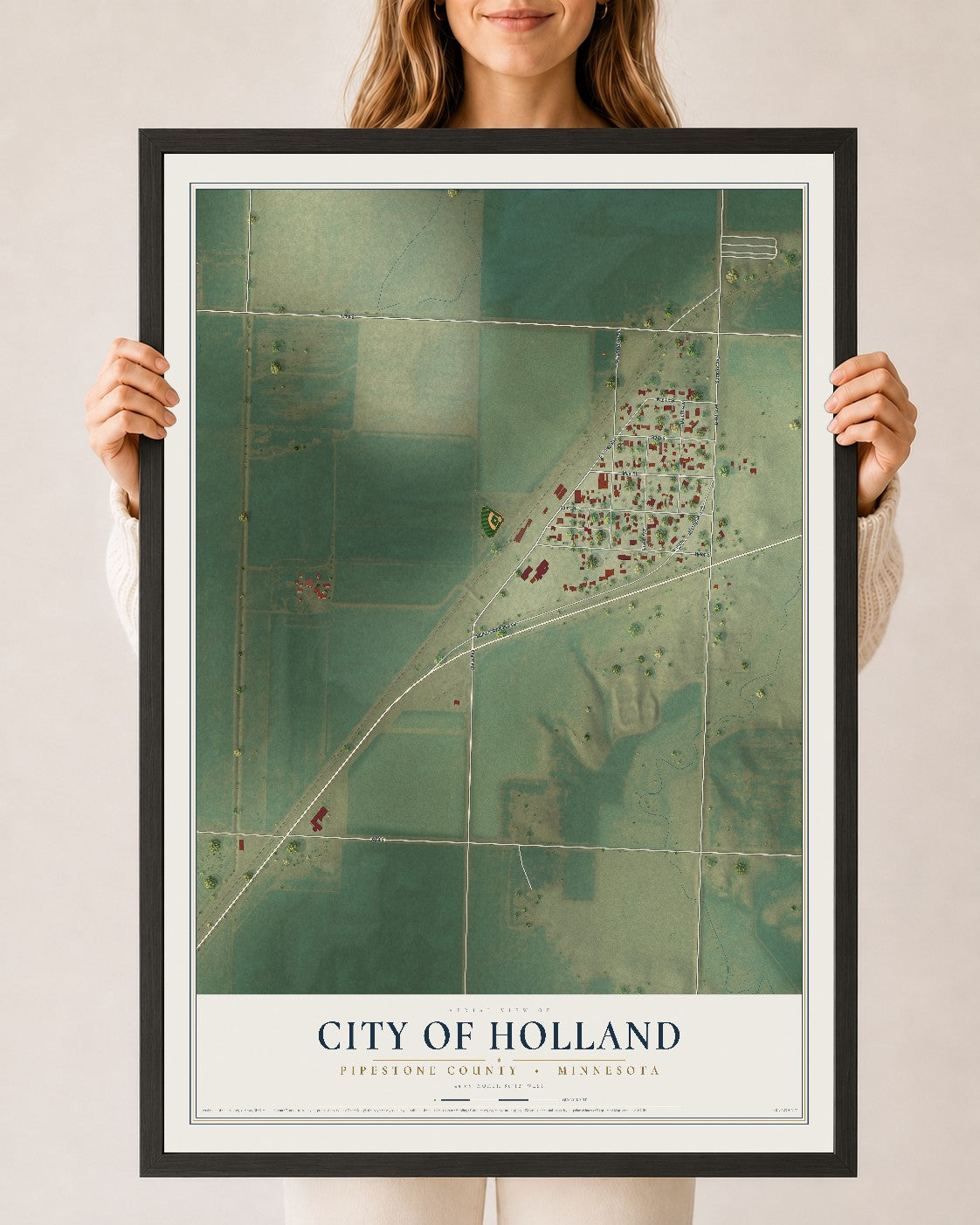 Map of Holland, Minnesota, 24 x 36 inch print in a black wood frame