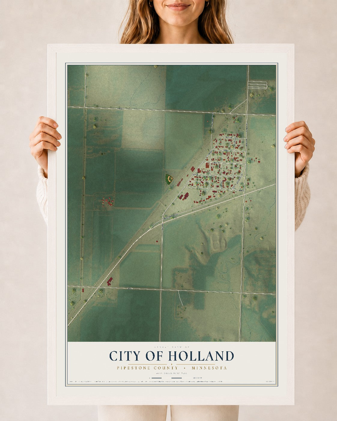Map of Holland, Minnesota, 24 x 36 inch print in a white wood frame