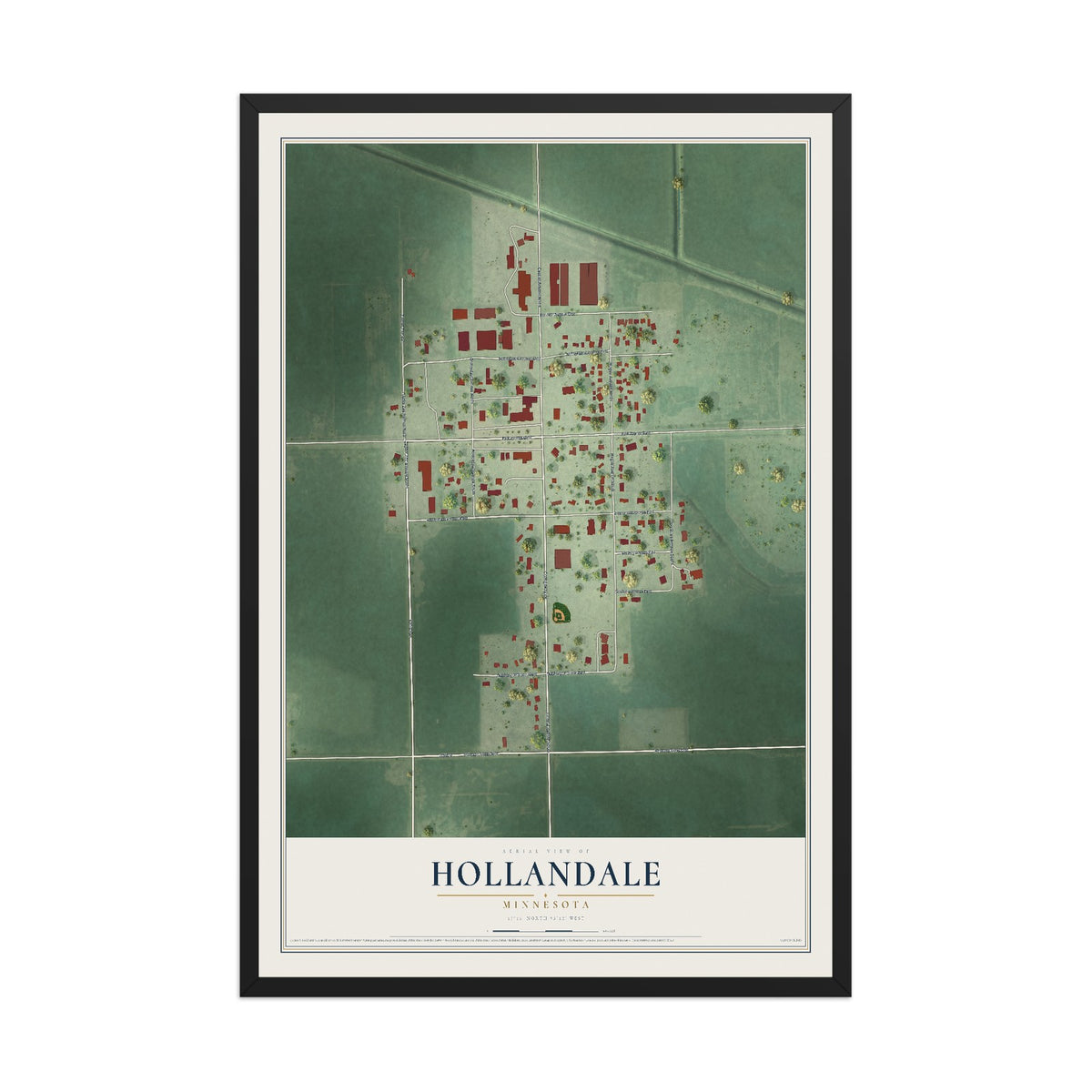 Map of Hollandale, Minnesota, 12 x 18 inch print in a black wood frame