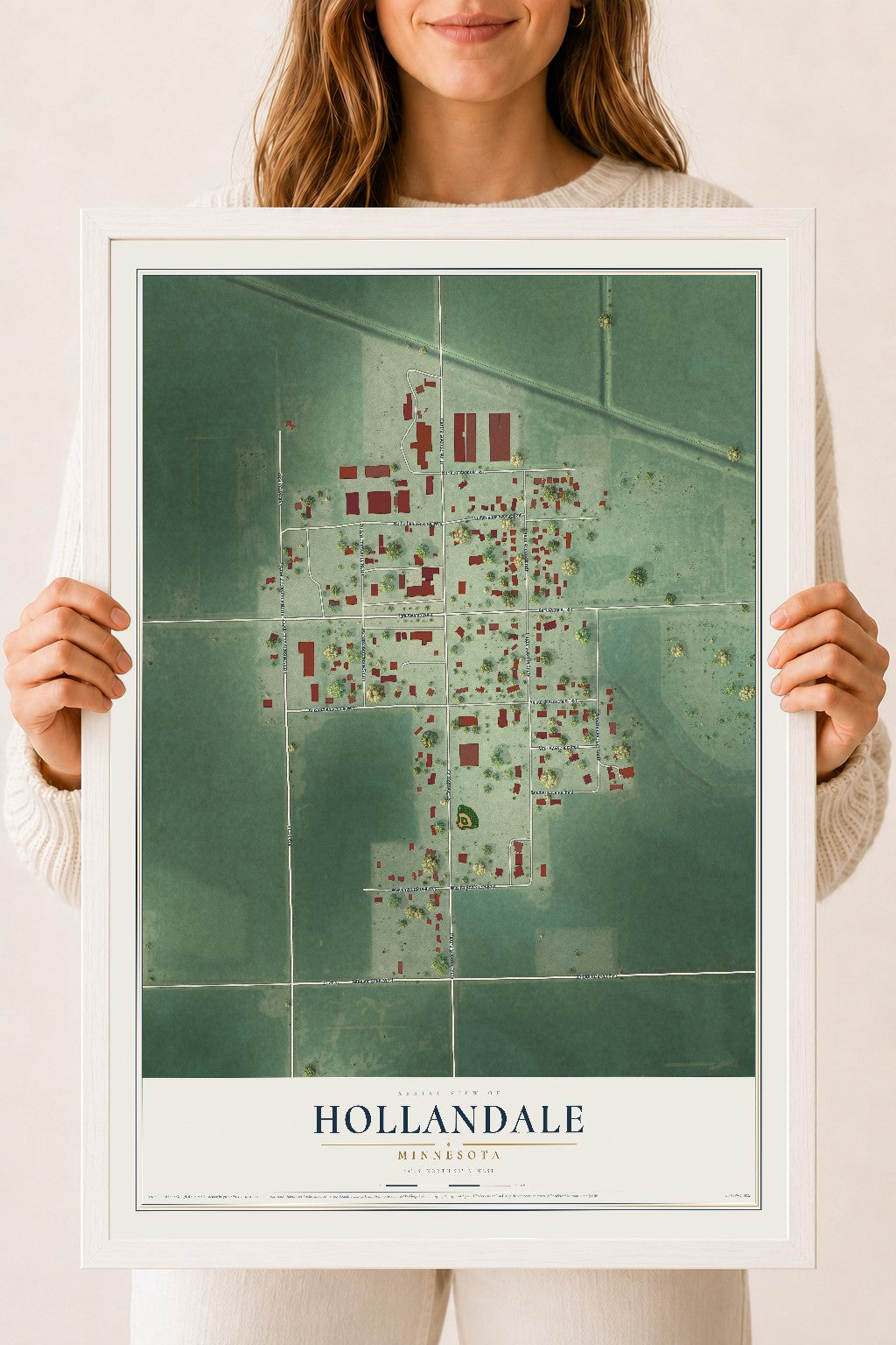 Map of Hollandale, Minnesota, 18 x 24 inch print in a white wood frame
