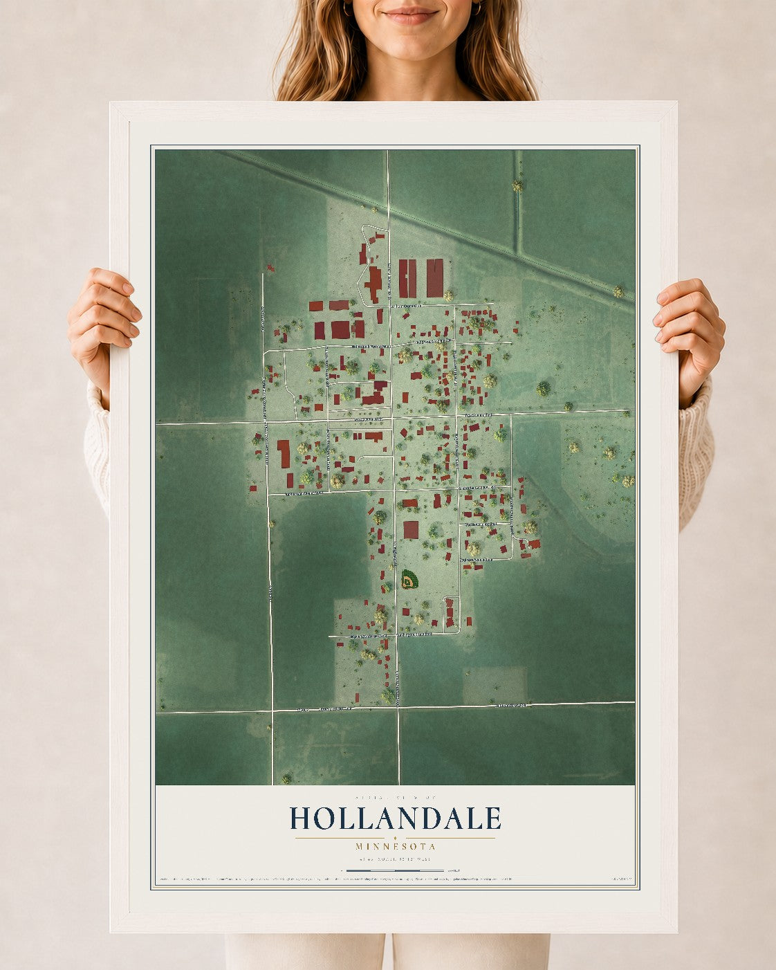 Map of Hollandale, Minnesota, 24 x 36 inch print in a white wood frame